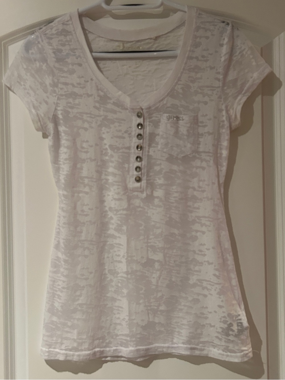 Guess White Short-Sleeve Sheer Tee with Pocket